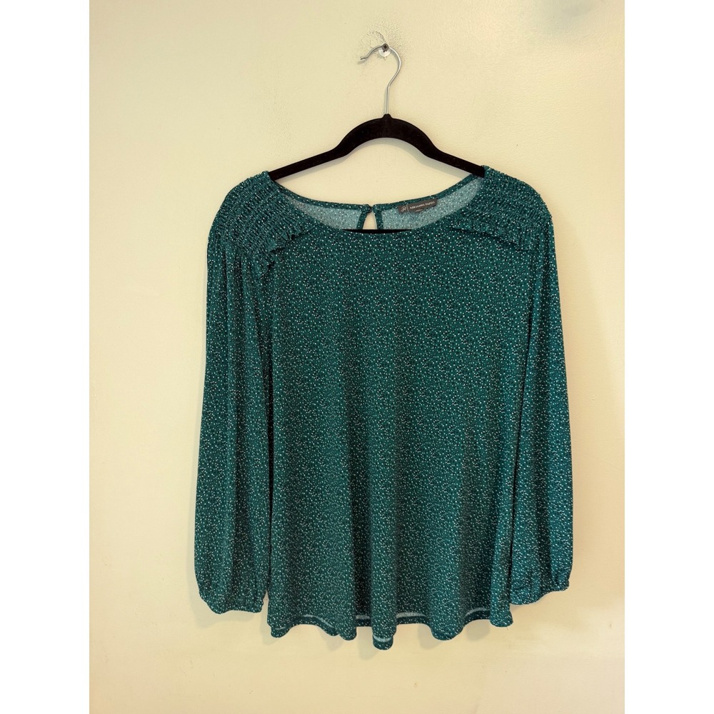 Adrianna Papell Womens XXL Green Micro Dot Smocked Shoulder Long Sleeve Blouse
